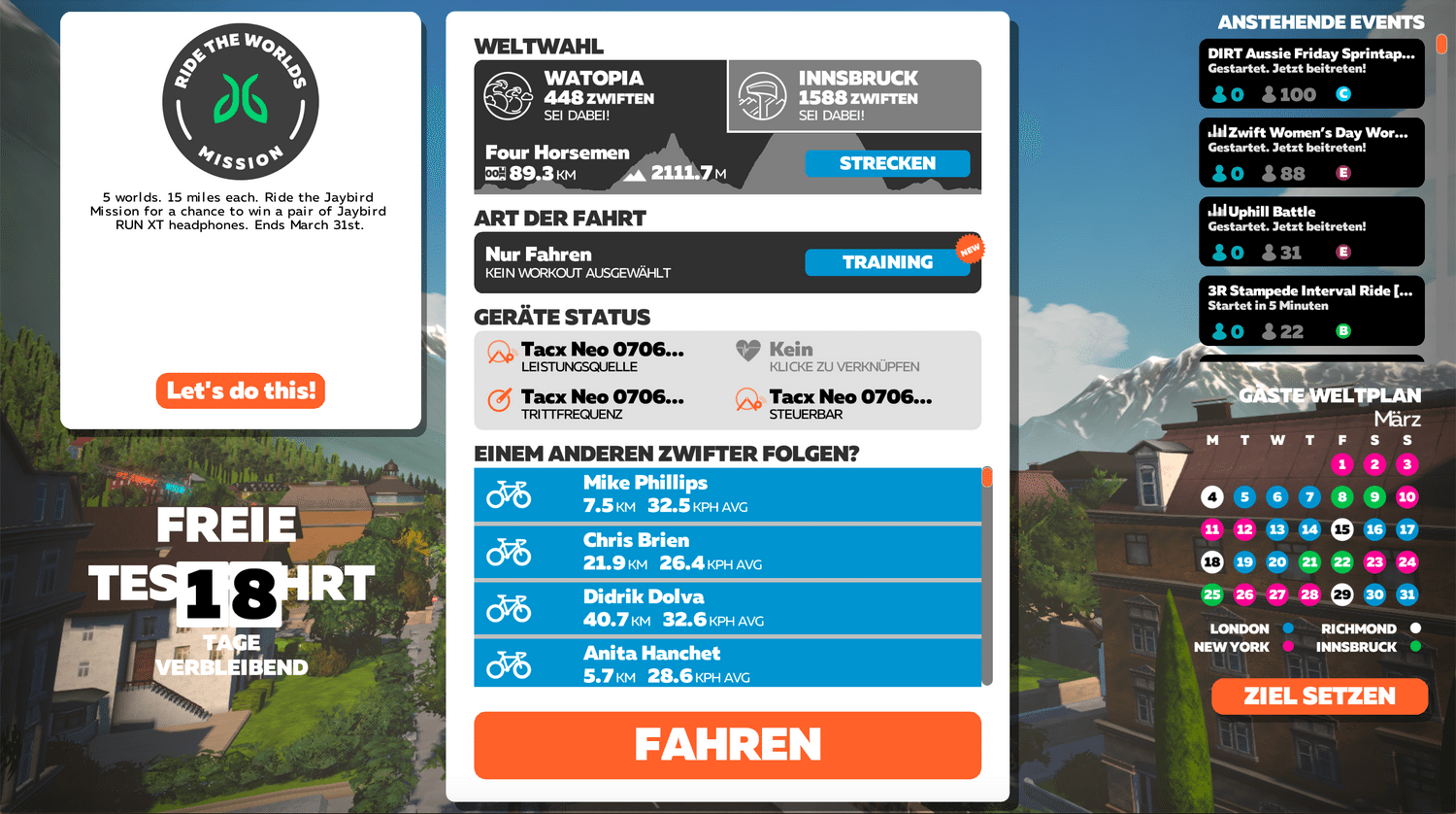 Der Startbildschirm in Zwift schnell erklärt